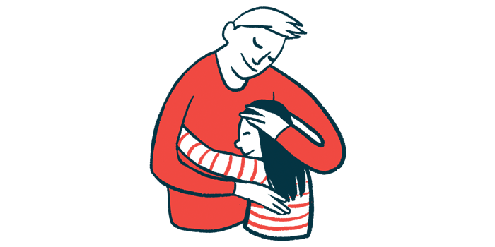 An illustration of an adult embracing a child.