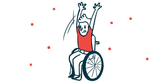 A child in a wheelchair showing an ability to quickly raise his arms above his head.