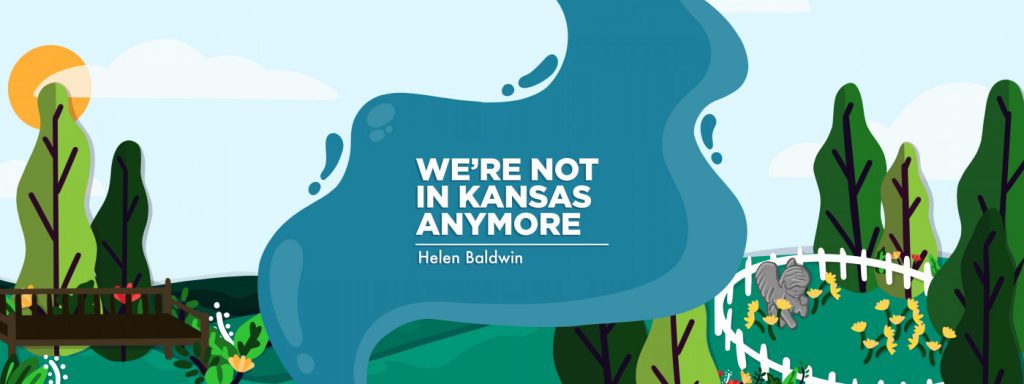 main graphic for column titled "We're Not in Kansas Anymore," by Helen Baldwin, depicting a blue wave offset by green nature scenes