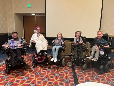 disability community | SMA News Today | Kevin Schaefer, Allie Williams, Brie Albers, Shane Burcaw, and Kevan Chandler, all seated in their wheelchairs, pose for a photo together at the 2022 Cure SMA conference in Anaheim, California.