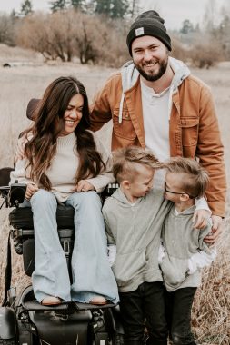becoming a mother | SMA News Today | 31 Days of SMA | photo of Megan, left in wheelchair; her husband, ; and her two children