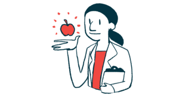 A woman in a lab coat holding a clipboard has her other hand out where a red apple is floating over it.