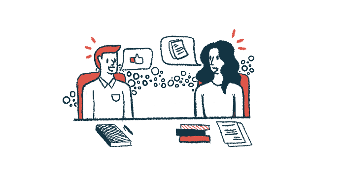 Illustration shows two people seated at a desk and engaged in a collaboration.