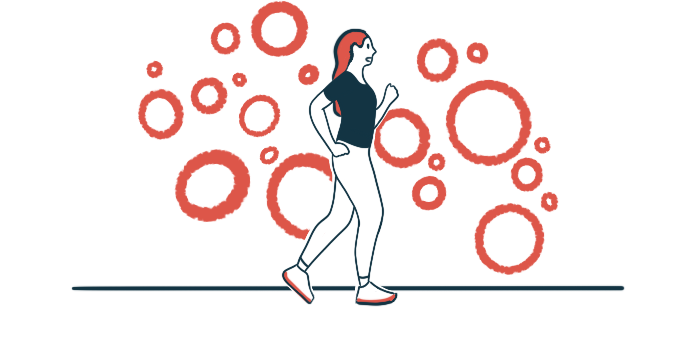 An illustration showing a woman walking across a flat surface.