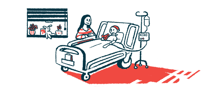 Illustration of a child in a hospital bed with an adult standing at bedside.