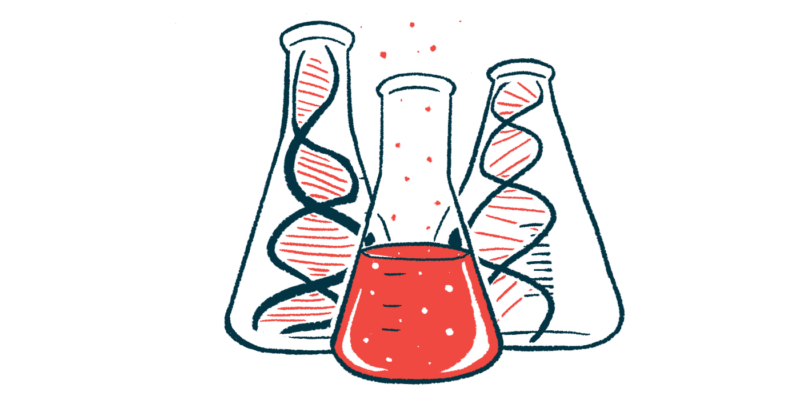 An illustration showing three lab beakers, two containing DNA strands and one half-filled with a liquid.